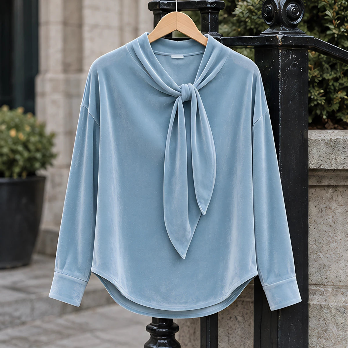 Antonia Women's Velvet Bow-Neck Blouse - Light Blue - CLO-TOP-BLOUSE - Hendlys - Image 3