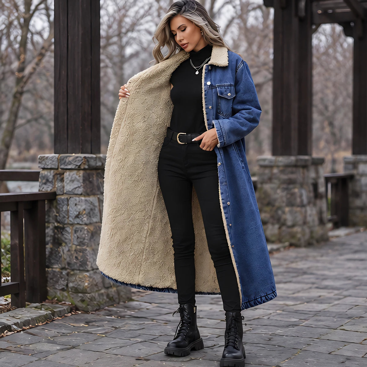 Anya Women's Fleece Lined Denim Coat - Deep Blue - Women's Clothing > Outerwear > Denim Coats - Hendlys - Image 1