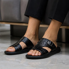 Auremont Croc-Embossed Slide Sandals - Black - Sandals - Hendlys - Image 1
