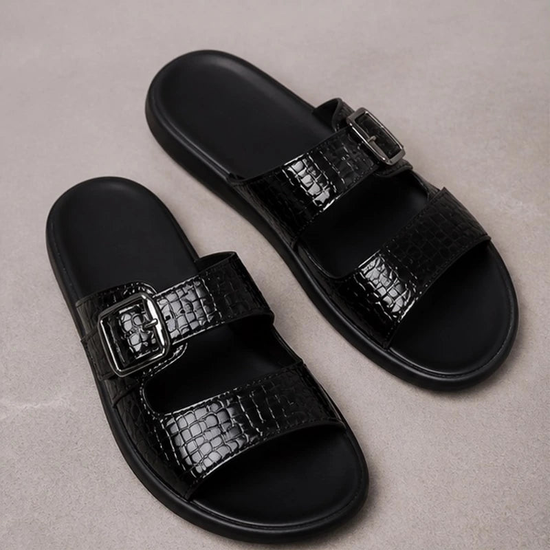 Auremont Croc-Embossed Slide Sandals - Black - women's sandals - Hendlys - Image 2