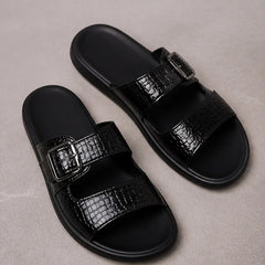 Auremont Croc-Embossed Slide Sandals - Black - women's sandals - Hendlys - Image 2