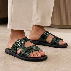 Auremont Croc-Embossed Slide Sandals - Dark Green - Sandals - Hendlys - Image 1