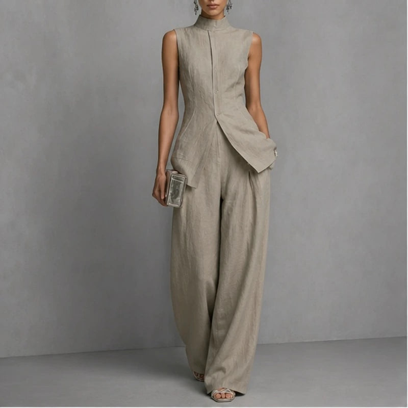 Aveline Sleeveless Linen Pant Set - Beige - Outfit Set - Hendlys - Image 1