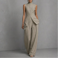 Aveline Sleeveless Linen Pant Set - Beige - Outfit Set - Hendlys - Image 1