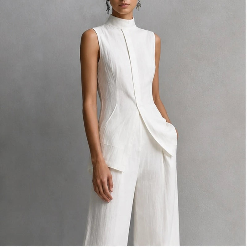 Aveline Sleeveless Linen Pant Set - White - Outfit Set - Hendlys - Image 1