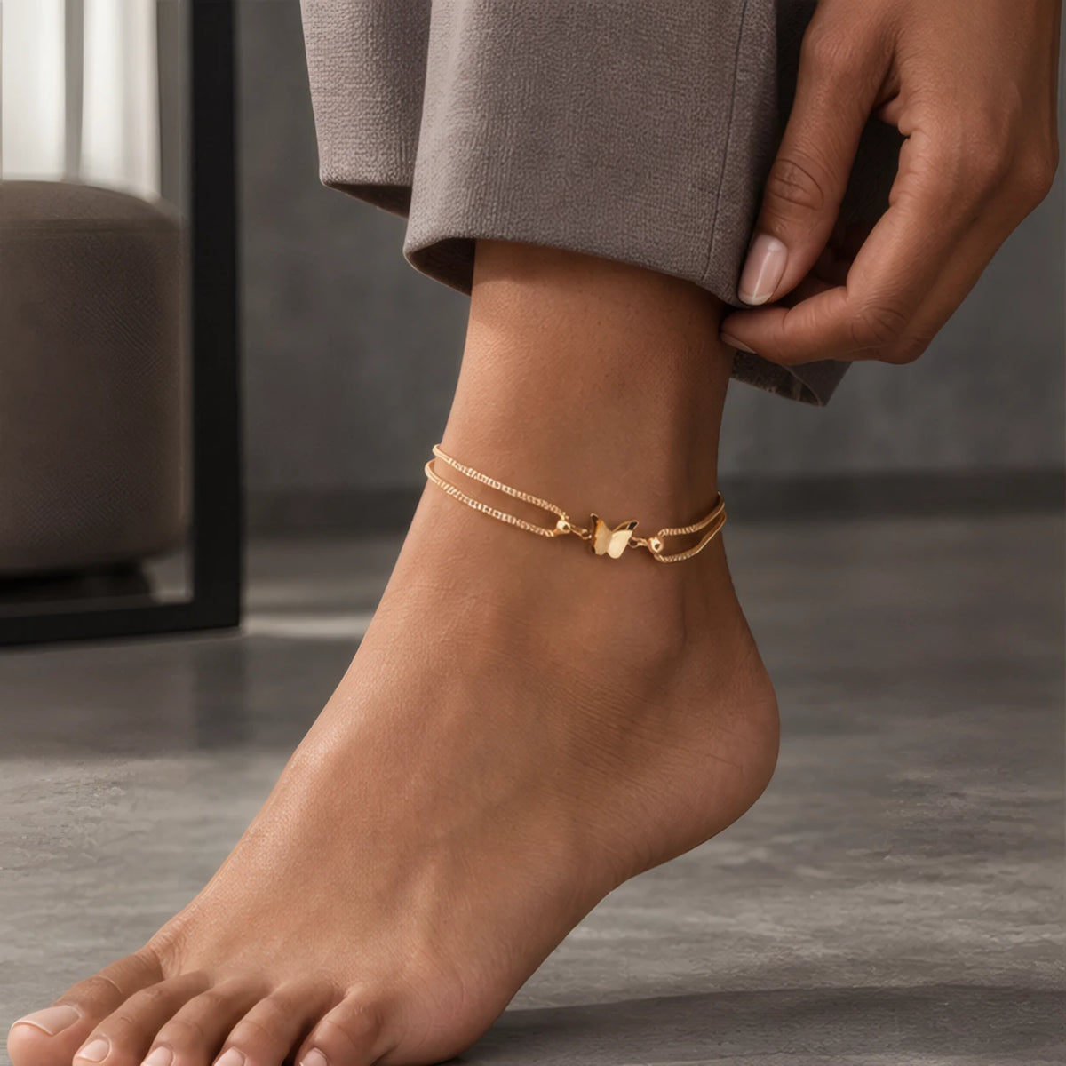 Avenelle Butterfly Double Box Chain Anklet - Gold - Accessories > Jewelry > Anklets - Hendlys - Image 2