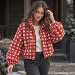 Avenza Women's Check Sherpa Fleece Jacket - Teracotta Check - Sherpa Jacket - Hendlys - Image 2