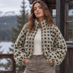 Avenza Women's Check Sherpa Fleece Jacket - Olive Check - Women's Clothing > Outerwear > Fleece Jackets - Hendlys - Image 1
