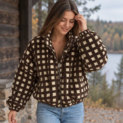 Avenza Women's Check Sherpa Fleece Jacket - Coffee Check (OUT OF STOCK) - Sherpa Jacket - Hendlys - Image 2