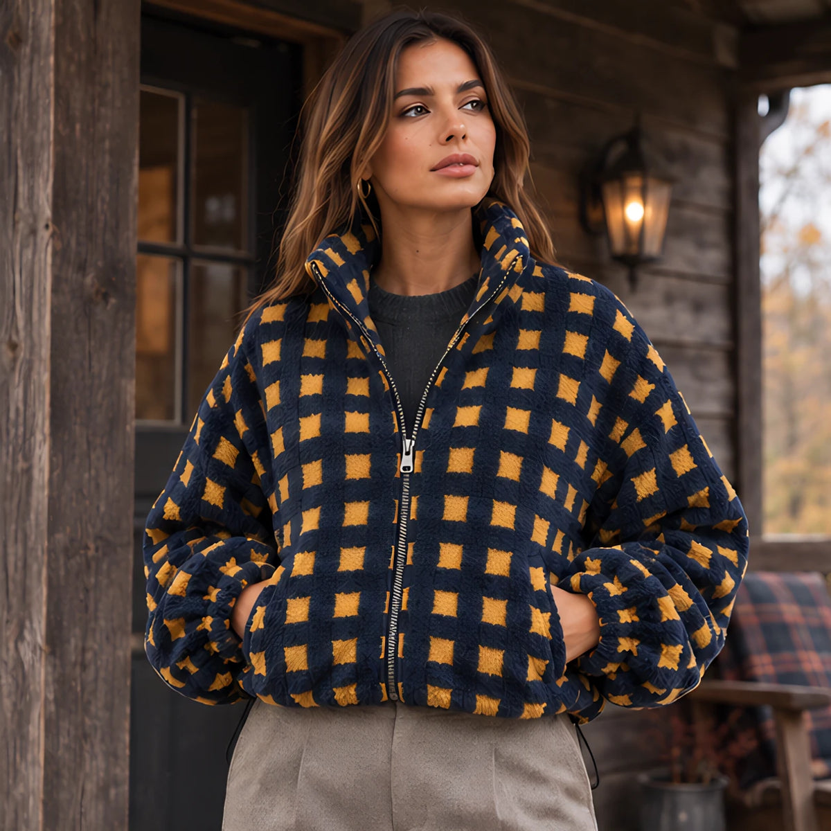 Avenza Women's Check Sherpa Fleece Jacket - Navy Check - Women's Clothing > Outerwear > Fleece Jackets - Hendlys - Image 1