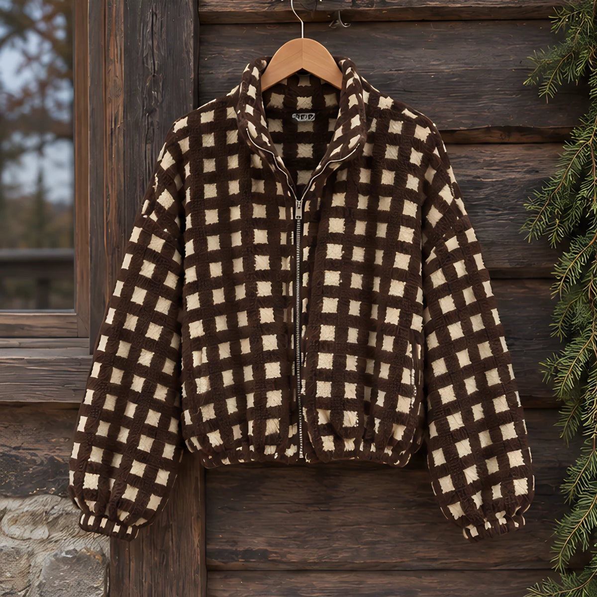 Avenza Women's Check Sherpa Fleece Jacket - Coffee Check (OUT OF STOCK) - Women's Fleece Jacket - Hendlys - Image 3