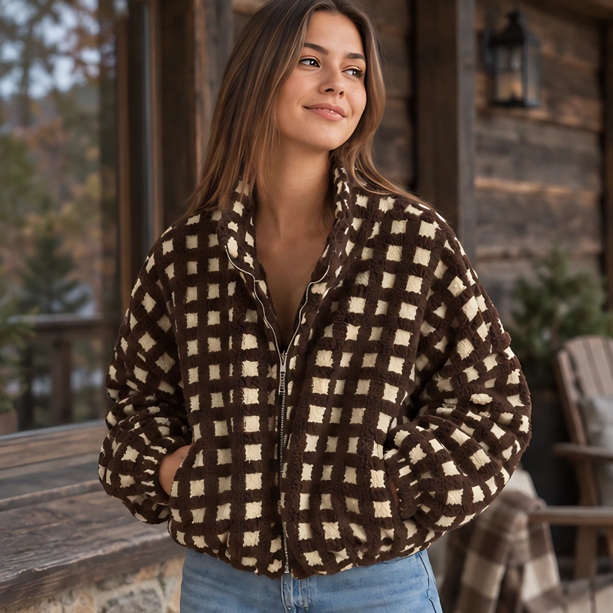 Avenza Women's Check Sherpa Fleece Jacket - Coffee Check (OUT OF STOCK) - Women's Clothing > Outerwear > Fleece Jackets - Hendlys - Image 1
