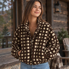 Avenza Women's Check Sherpa Fleece Jacket - Coffee Check (OUT OF STOCK) - Women's Clothing > Outerwear > Fleece Jackets - Hendlys - Image 1