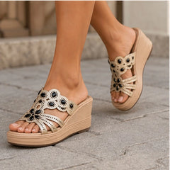 Avessa Rhinestone Wedge Sandals - Onyx - Heels - Hendlys - Image 1
