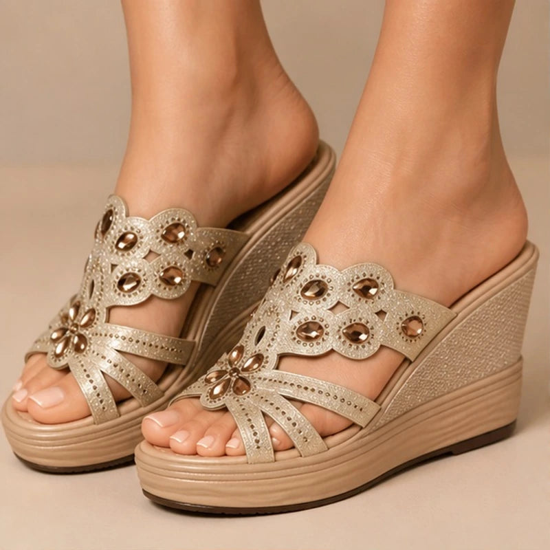 Avessa Rhinestone Wedge Sandals - Champagne - Heels - Hendlys - Image 1