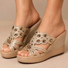 Avessa Rhinestone Wedge Sandals - Champagne - Heels - Hendlys - Image 1