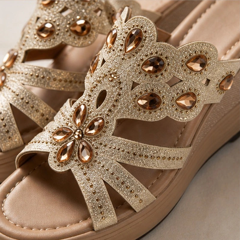 Avessa Rhinestone Wedge Sandals - Champagne - women's sandals - Hendlys - Image 2