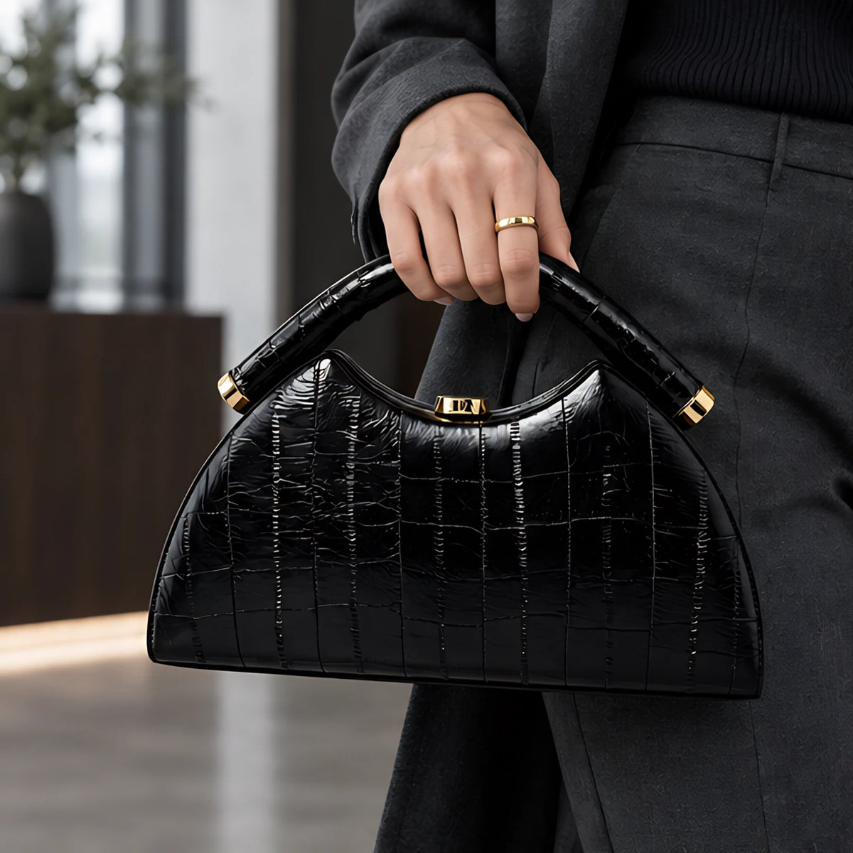 Avielle Structured Leather Top Handle Handbag - Black - Bags & Accessories > Handbags > Top Handle Handbags - Hendlys - Image 1