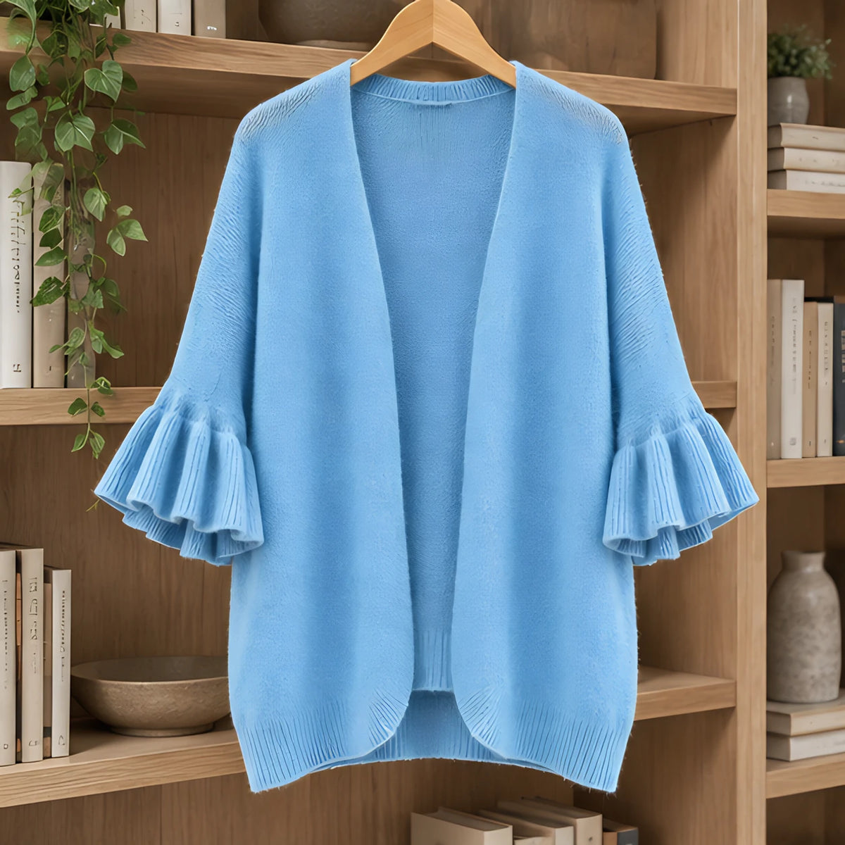 Avielle Women's Ruffle-Cuff Three-Quarter Sleeve Cardigan - Blue - ai-processed - Hendlys - Image 3