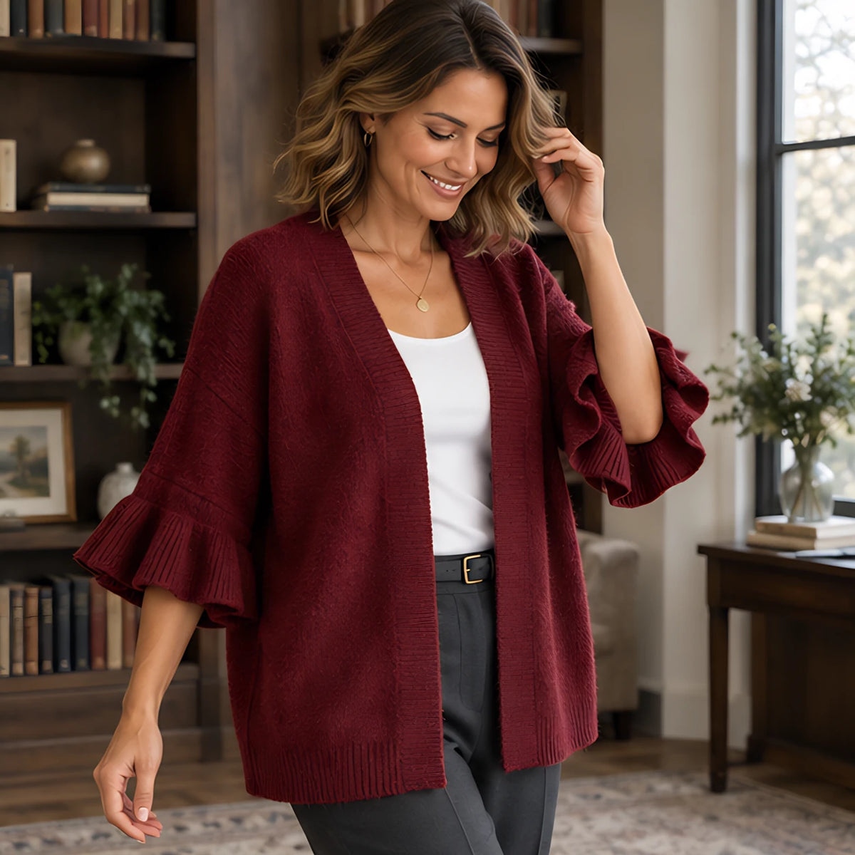 Avielle Women's Ruffle-Cuff Three-Quarter Sleeve Cardigan - Red - 23 sept - Hendlys - Image 2