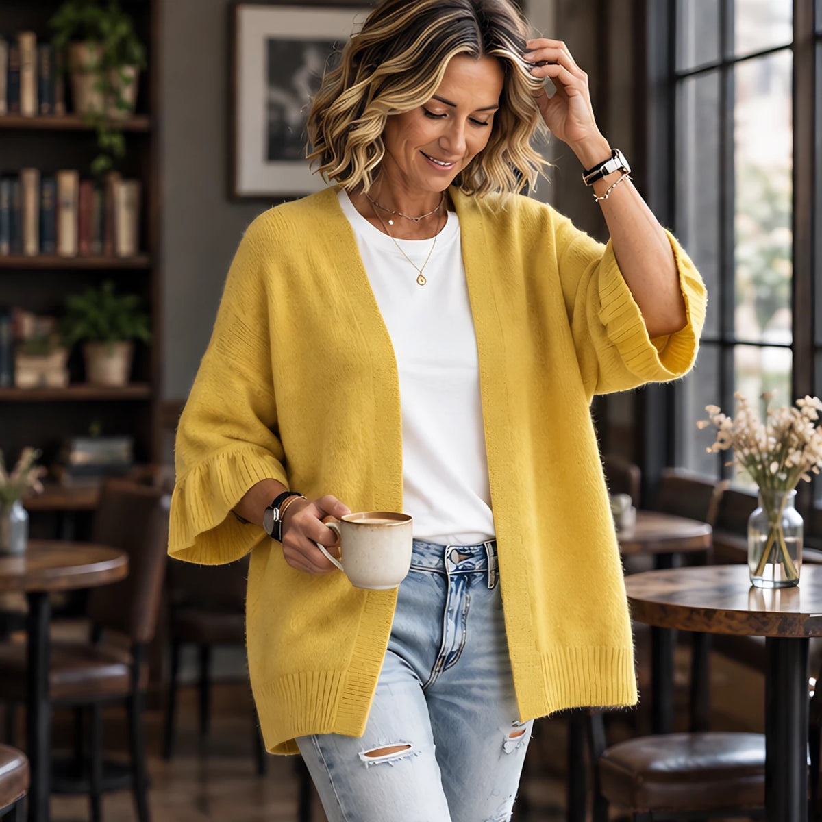 Avielle Women's Ruffle-Cuff Three-Quarter Sleeve Cardigan - Yellow - 23 sept - Hendlys - Image 2