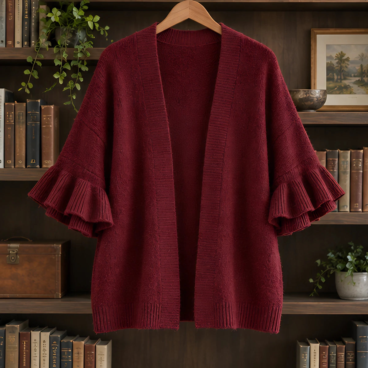 Avielle Women's Ruffle-Cuff Three-Quarter Sleeve Cardigan - Red - ai-processed - Hendlys - Image 3
