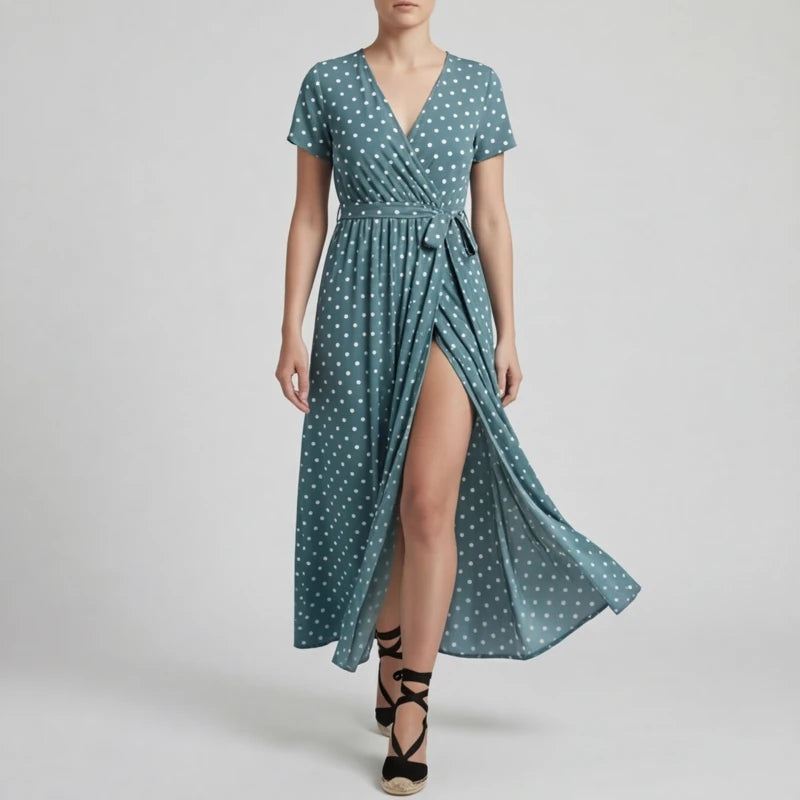 Santorini Maxi Polka Dot Dress - Blue - women's dress - Hendlys - Image 1