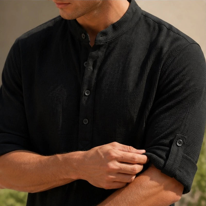 Bardon Waffle Henley Shirt - Black - men's shirt - Hendlys - Image 2