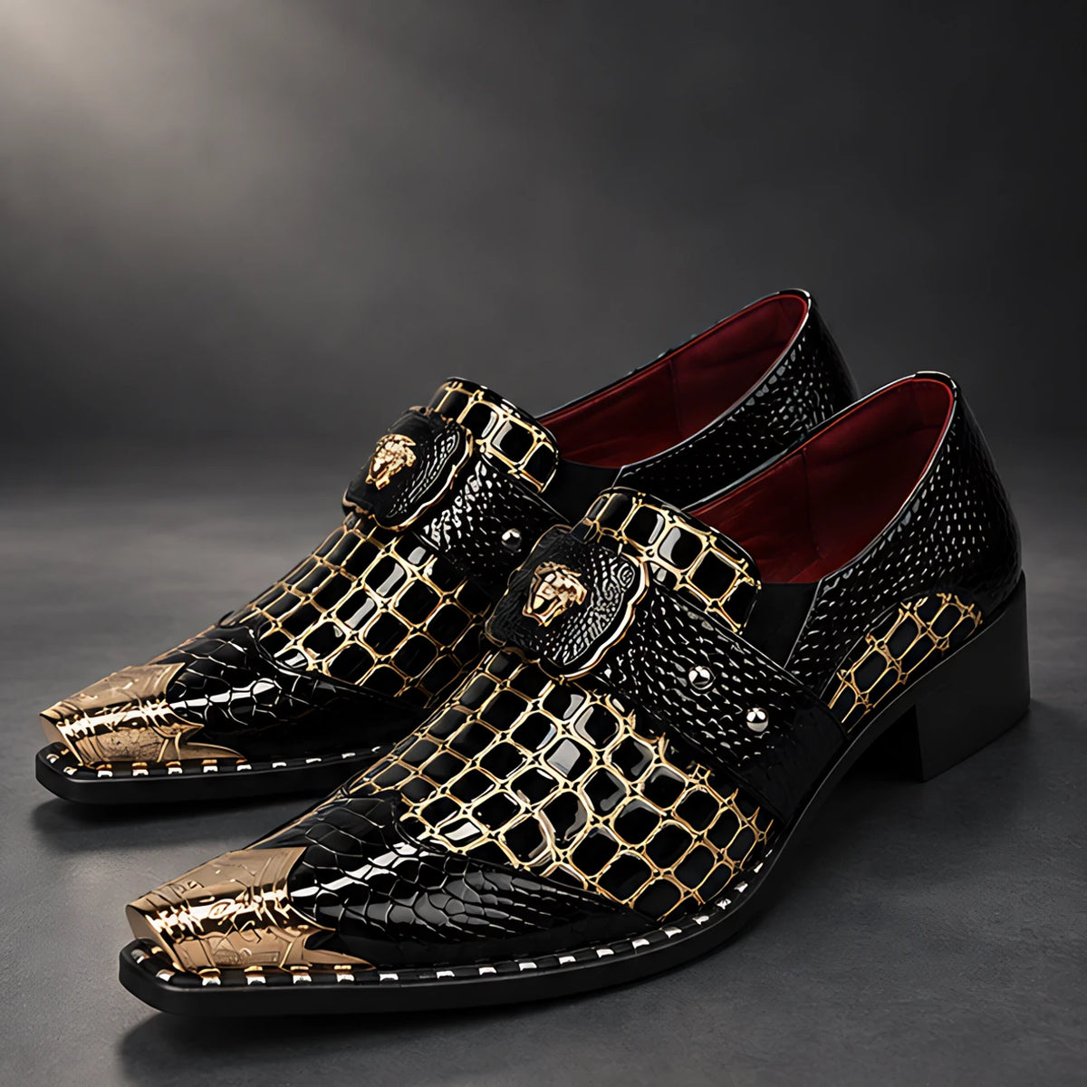 Bellarno Men's Croc-Embossed Metal-Toe Dress Shoes - Black - Men's Footwear > Dress Shoes > Monk Strap Shoes - Hendlys - Image 1