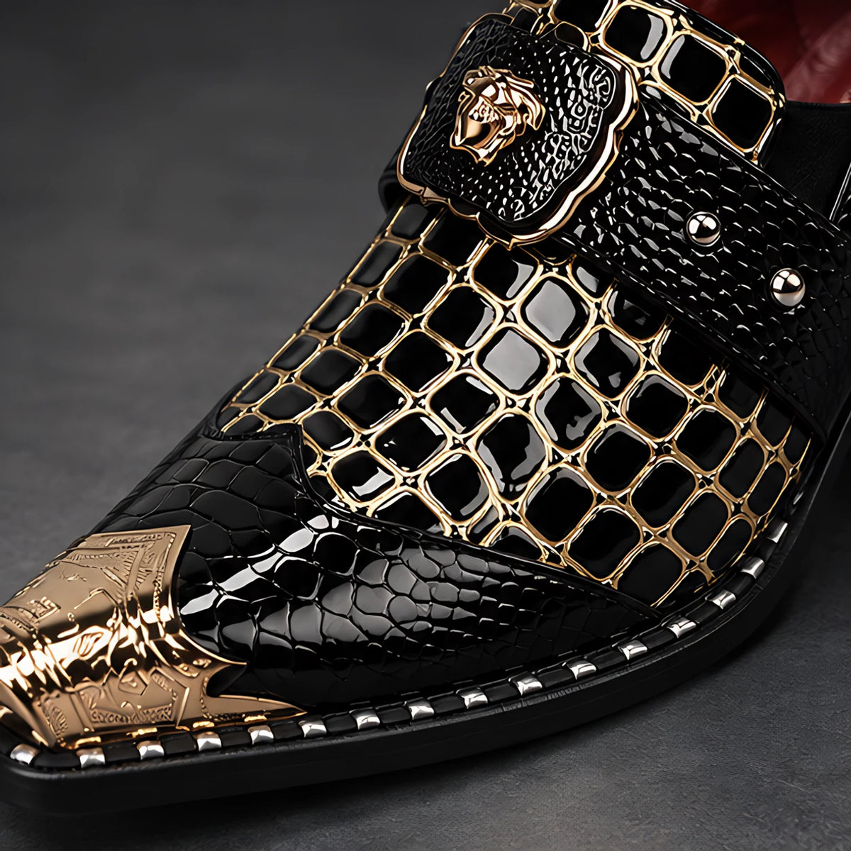Bellarno Men's Croc-Embossed Metal-Toe Dress Shoes - Black - Men's Footwear > Dress Shoes > Monk Strap Shoes - Hendlys - Image 3