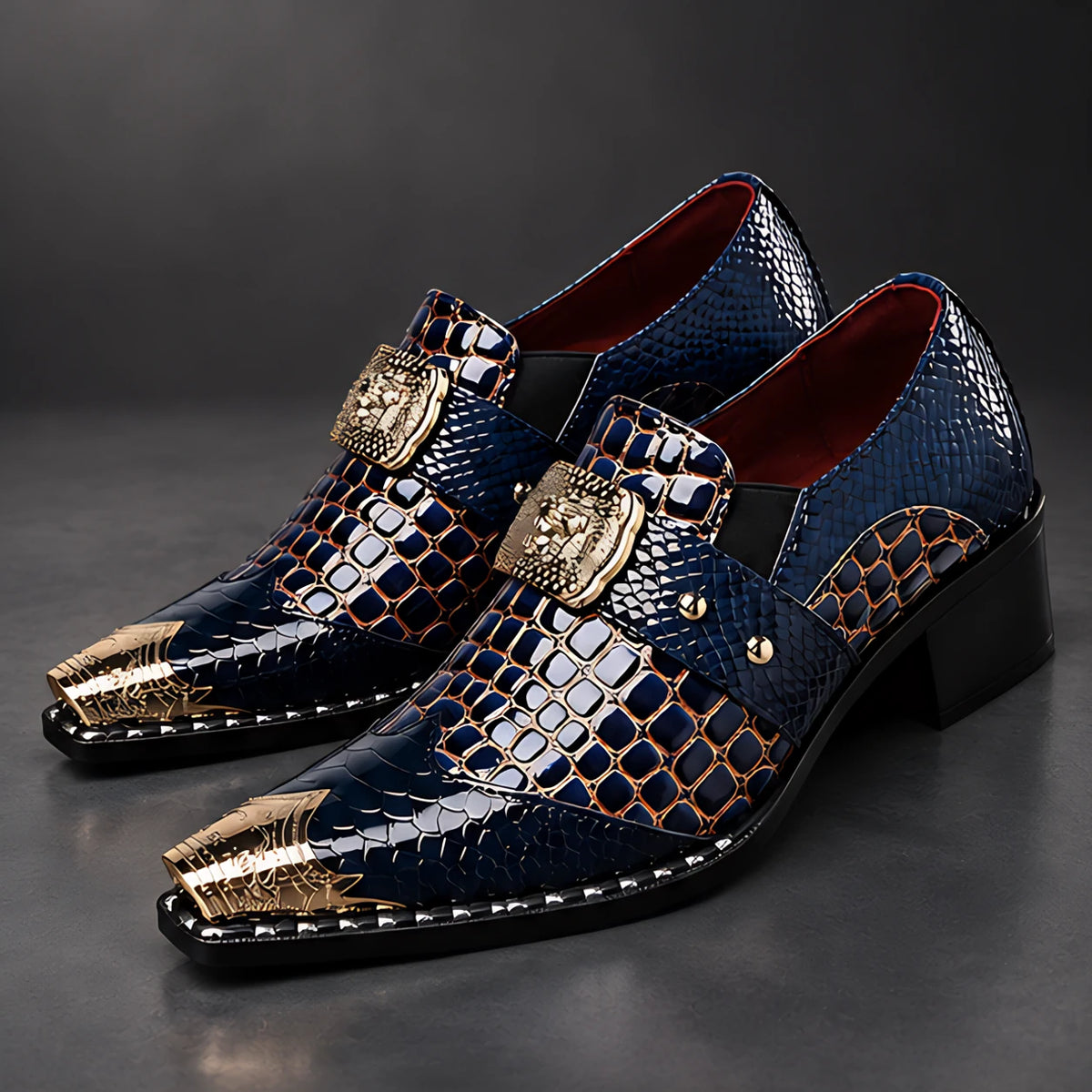 Bellarno Men's Croc-Embossed Metal-Toe Dress Shoes - Navy Blue - Men's Footwear > Dress Shoes > Monk Strap Shoes - Hendlys - Image 1