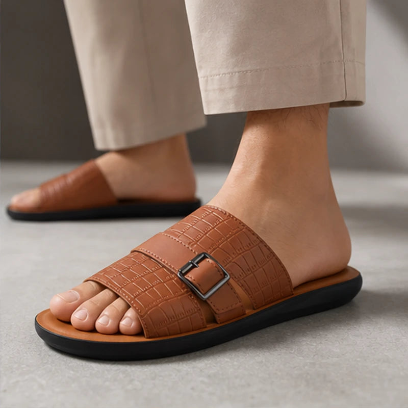 Mariner Croc-Embossed Leather Sandal - Brown - croc embossed - Hendlys - Image 4