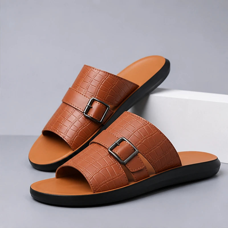 Mariner Croc-Embossed Leather Sandal - Brown - Sandals - Hendlys - Image 1