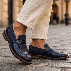Brexton Leather Brogue Loafers - Blue - map - Hendlys - Image 2