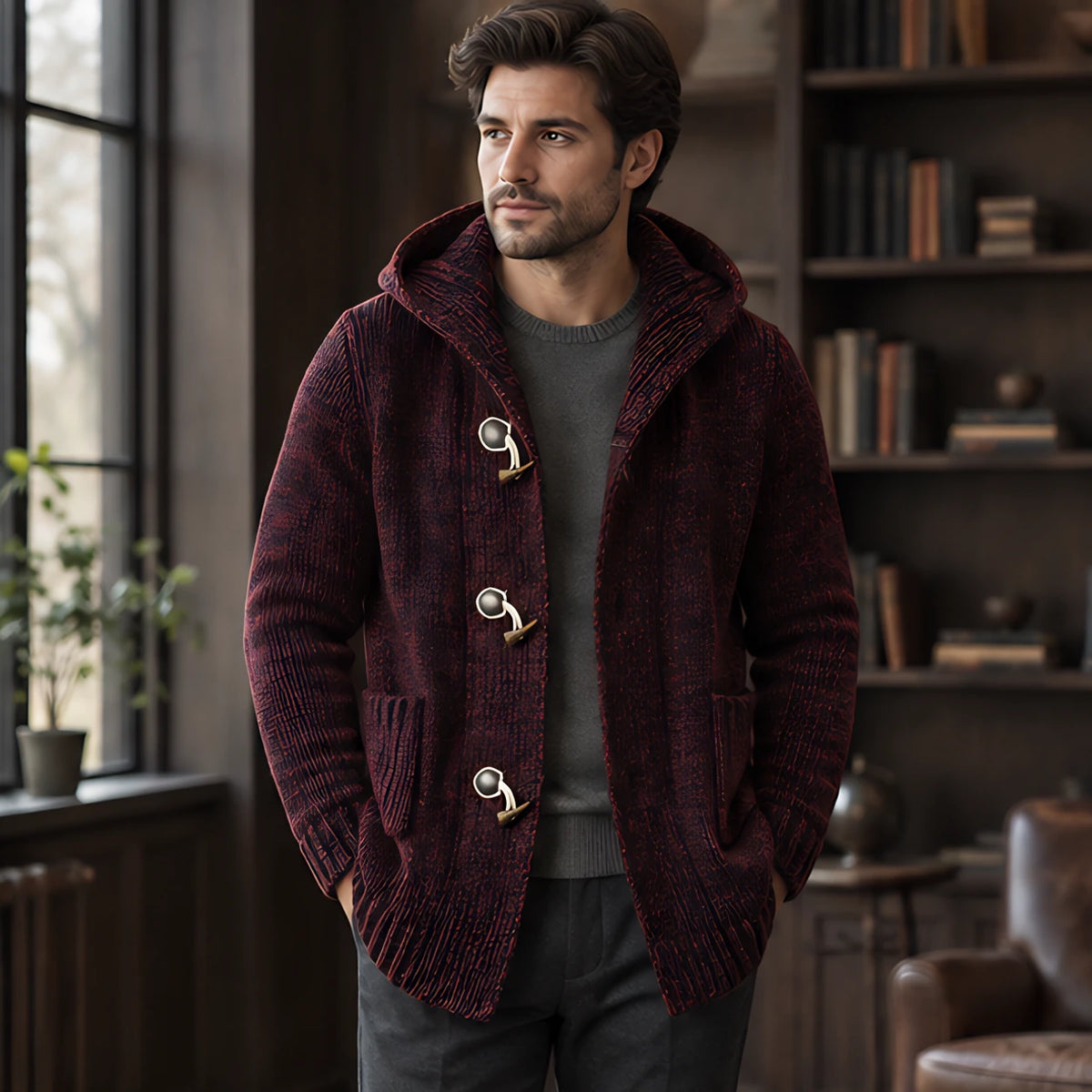 Briarley Men's Thick Wool-Knit Hooded Cardigan - Wine - Men's Clothing > Sweaters & Cardigans > Hooded Cardigans - Hendlys - Image 1