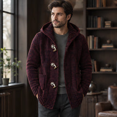 Briarley Men's Thick Wool-Knit Hooded Cardigan - Wine - Men's Clothing > Sweaters & Cardigans > Hooded Cardigans - Hendlys - Image 1