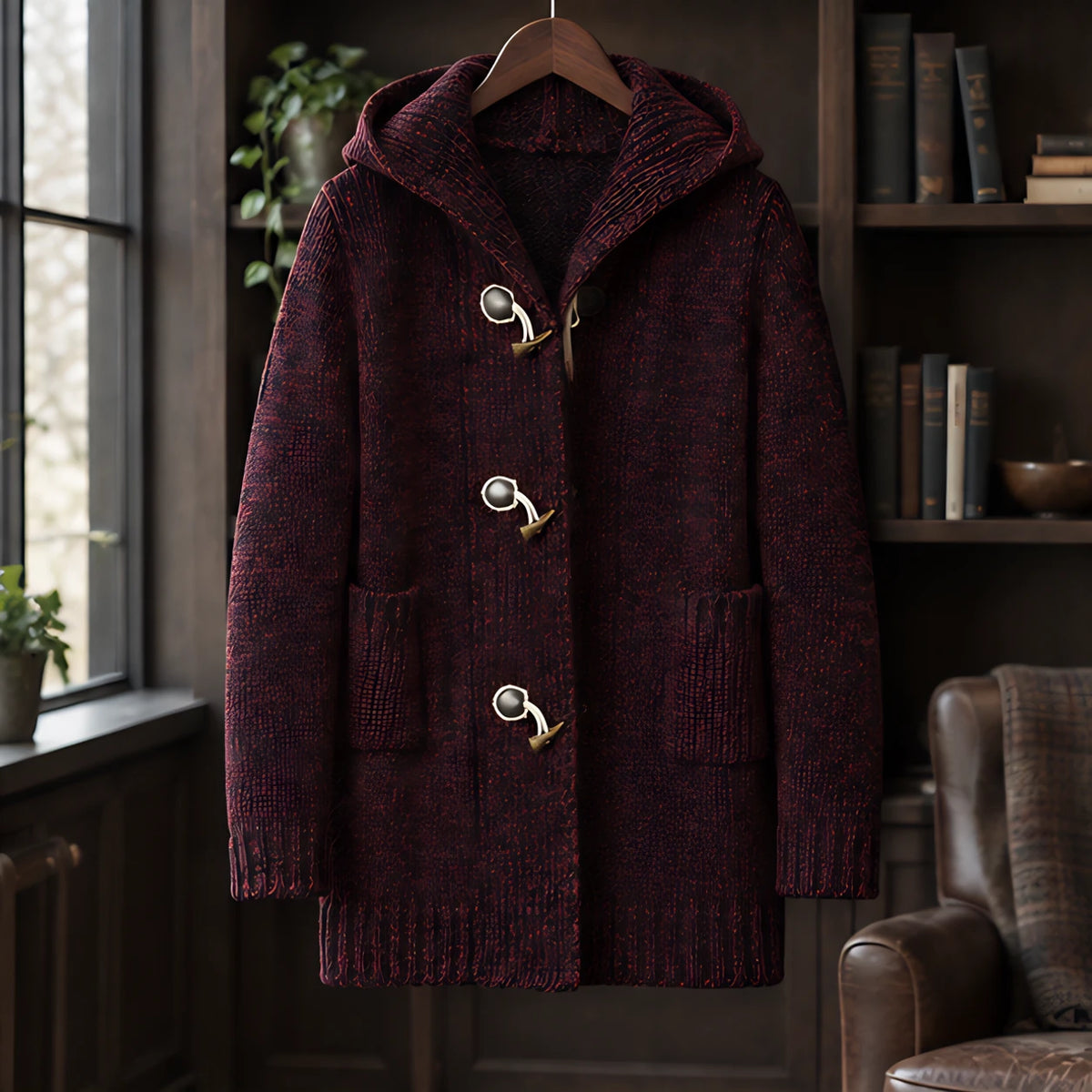 Briarley Men's Thick Wool-Knit Hooded Cardigan - Wine - male - Hendlys - Image 3