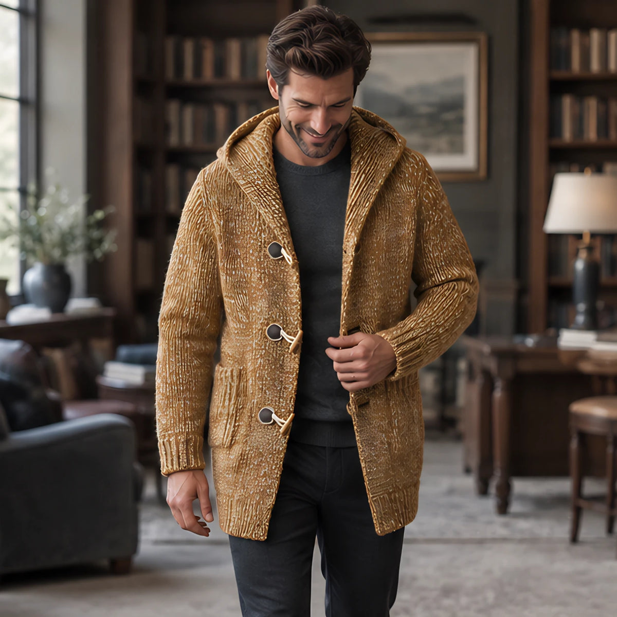 Briarley Men's Thick Wool-Knit Hooded Cardigan - Maple - Men's Clothing > Sweaters & Cardigans > Hooded Cardigans - Hendlys - Image 2