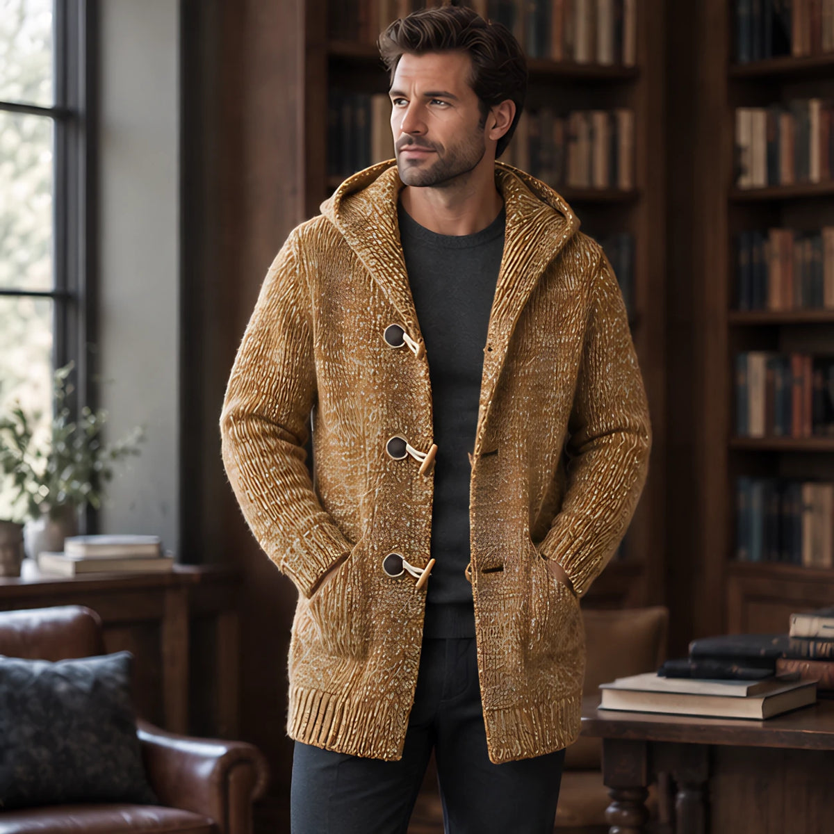 Briarley Men's Thick Wool-Knit Hooded Cardigan - Maple - Men's Clothing > Sweaters & Cardigans > Hooded Cardigans - Hendlys - Image 1