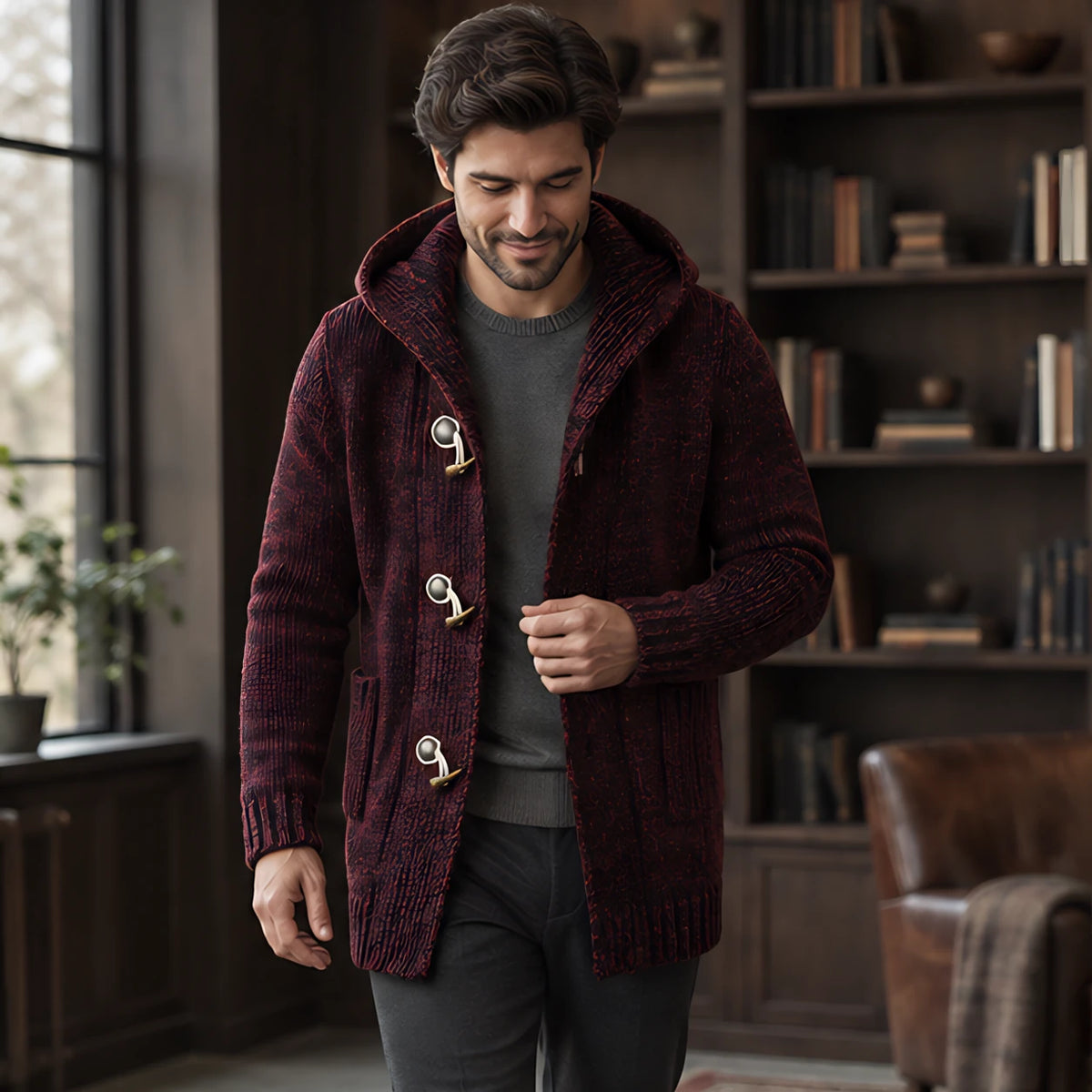 Briarley Men's Thick Wool-Knit Hooded Cardigan - Wine - Men's Clothing > Sweaters & Cardigans > Hooded Cardigans - Hendlys - Image 2