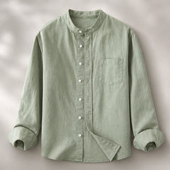 Amalfi Linen Mandarin Collar Shirt - Green - Shirt - Hendlys - Image 1