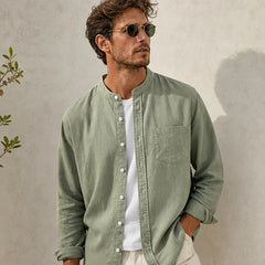 Amalfi Linen Mandarin Collar Shirt - Green - button-front - Hendlys - Image 5