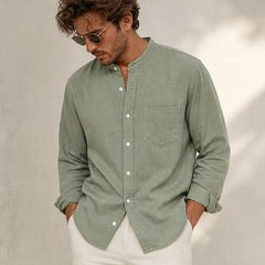 Amalfi Linen Mandarin Collar Shirt - Green - summer layers - Hendlys - Image 8