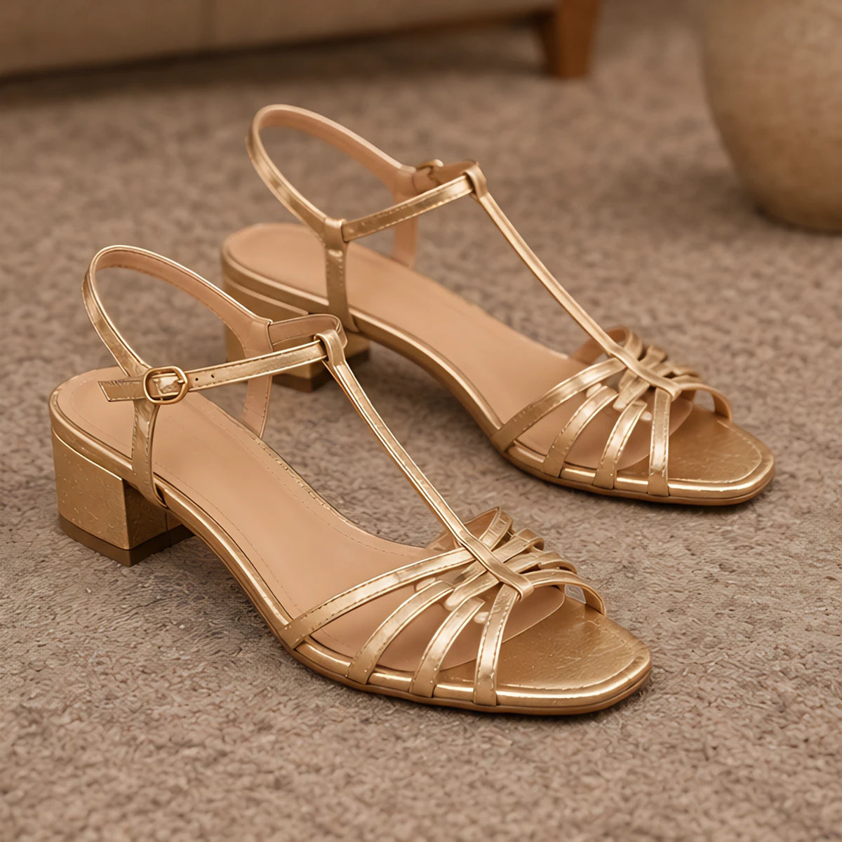 Carlotta Women's T-Strap Low-Heel Sandals - Gold - Footwear Style: Sandals - Hendlys - Image 4