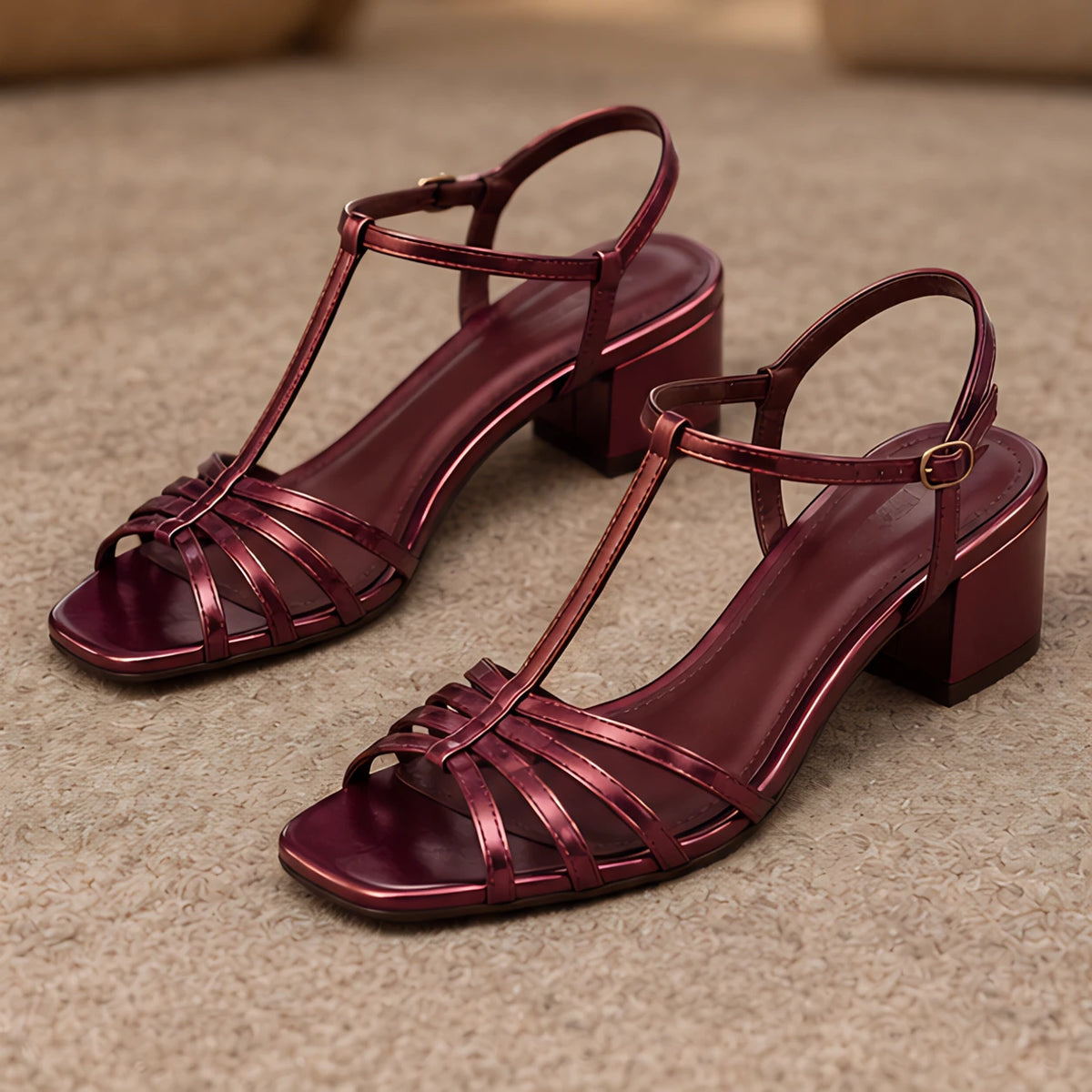 Carlotta Women's T-Strap Low-Heel Sandals - Burgundy - Department: Women - Hendlys - Image 3