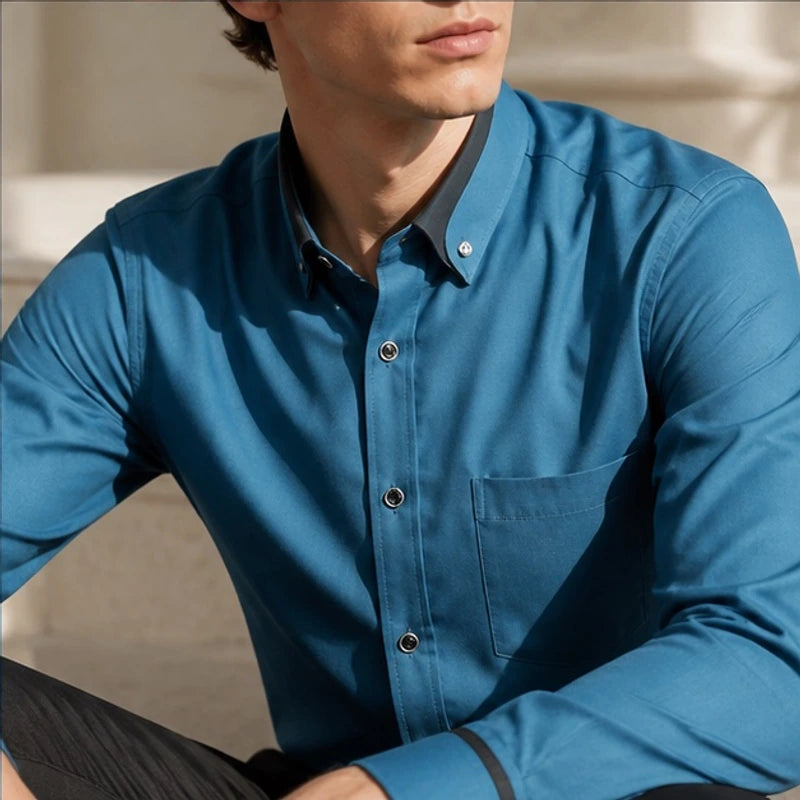Carmont Contrast Collar Dress Shirt - Steel Blue - men's shirt - Hendlys - Image 2