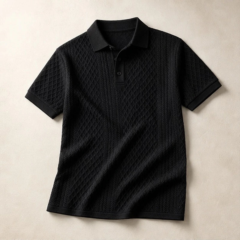 Caspian Textured Jacquard Polo - Black - Polo - Hendlys - Image 1