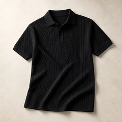 Caspian Textured Jacquard Polo - Black - Polo - Hendlys - Image 1