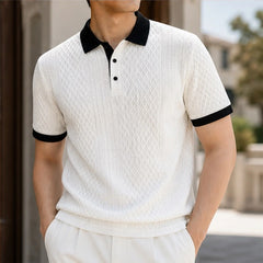 Caspian Textured Jacquard Polo - White - jacquard knit - Hendlys - Image 3
