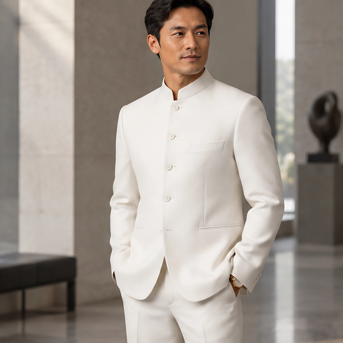 Caxton Men's Structured Stand Collar Blazer - White - Clothing > Blazers > Stand Collar Blazers - Hendlys - Image 1
